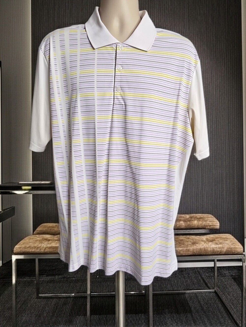 886. Adidas Golf Climacool Polo Shirt Men's XL White Purple Yellow Striped